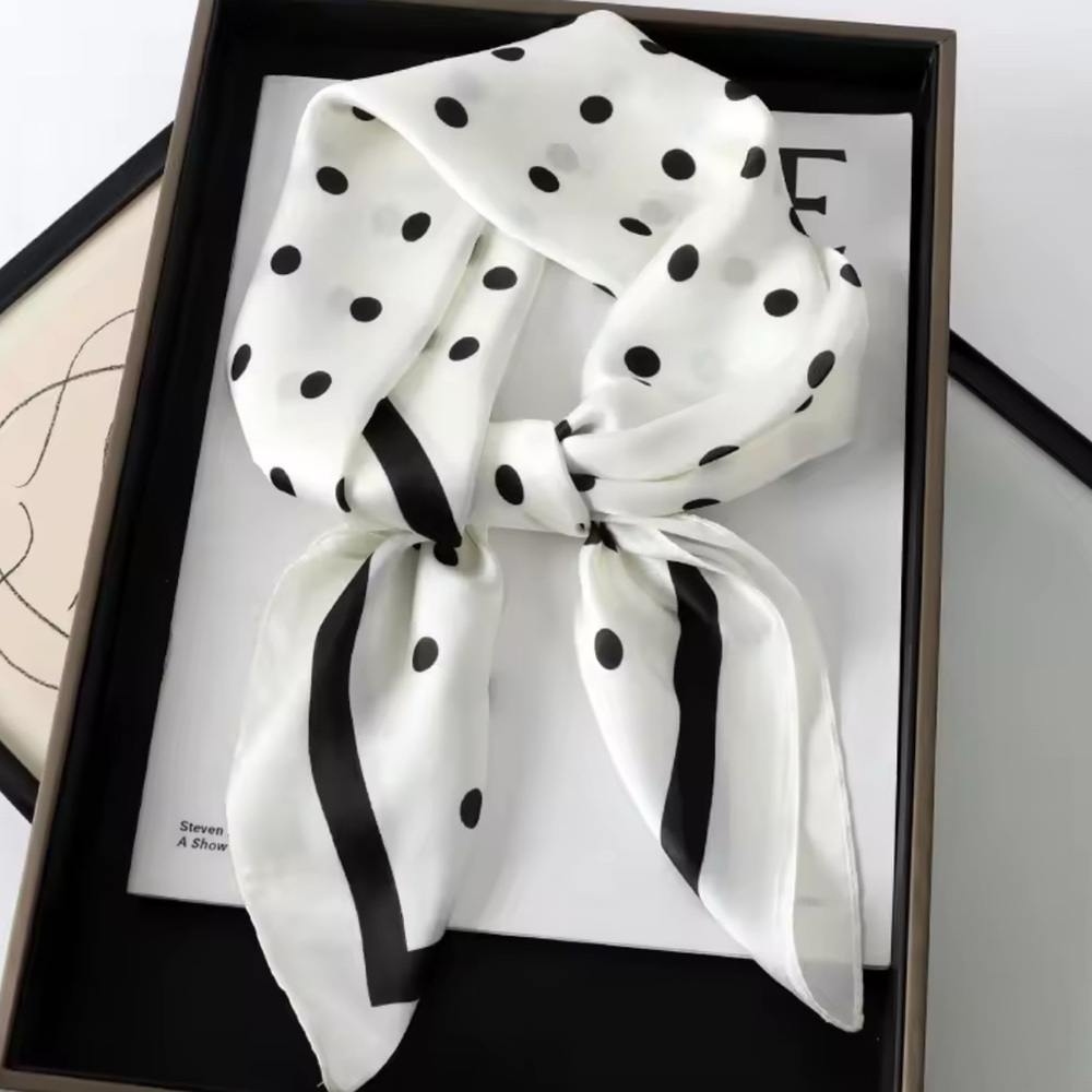 100% Silk Polyester Scarf Dots Black White